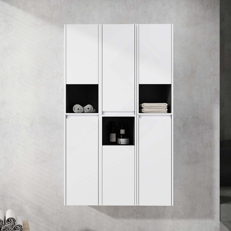 12-Inch Bathroom Float Mounting Side Cabinet With 6-Soft Close Doors & 3 Open Storage