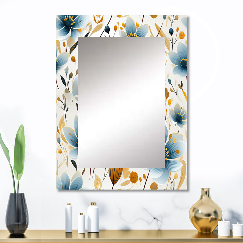 Sherice Meadow Blue And Beige Floral Pattern - Floral Decorative Mirror, Floral Wall Mirror, Printed Metal Art, 32" x 24"