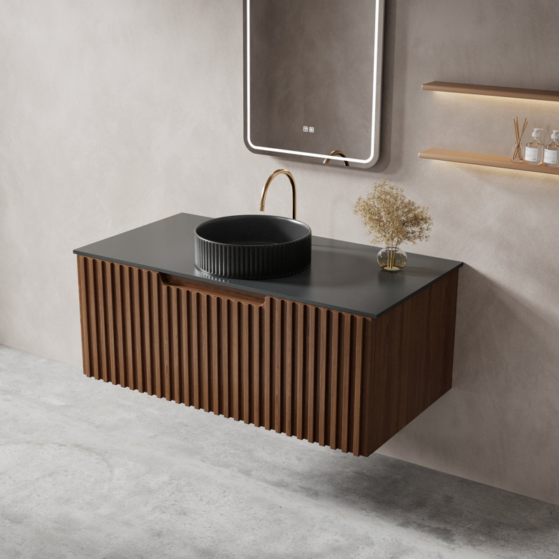 Meuble-lavabo flottant simple 36 po, meuble-lavabo mural en bois massif avec 2 tiroirs, plateau en pierre noire, sans assemblage
