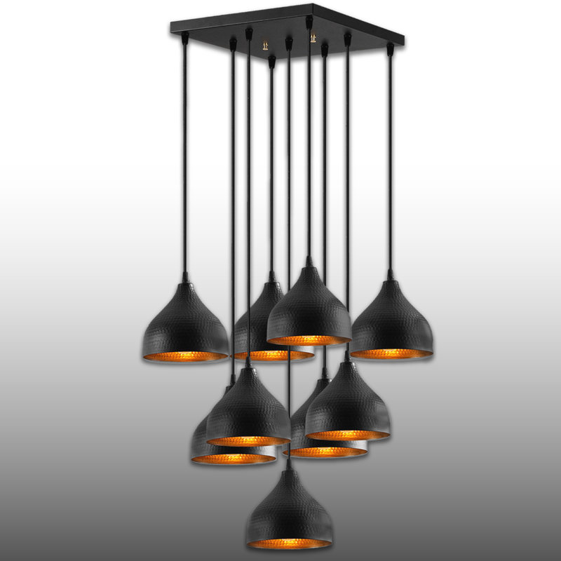 Luminaire suspendu industriel en métal à hauteur réglable 9 lumières, Noir