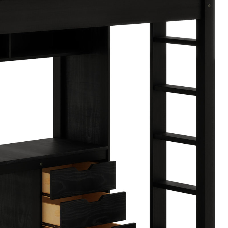 Lit mezzanine peu encombrant, bureau fonctionnel en L, tiroirs et tablettes ouvertes, Twin, Black