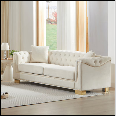 Canapé Chesterfield classique classique de 84 pouces avec accoudoirs roulés et nuages décoratifs à pampilles pour les salons, les chambres et les appartements