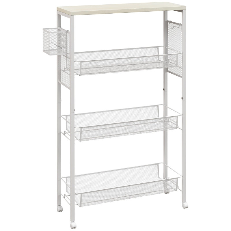 3-Tier Kitchen Cart with 3 Wire Baskets 58*18.5*87 cm Particle Board 1 Piece Kitchen Cart White with Lockable Wheels
