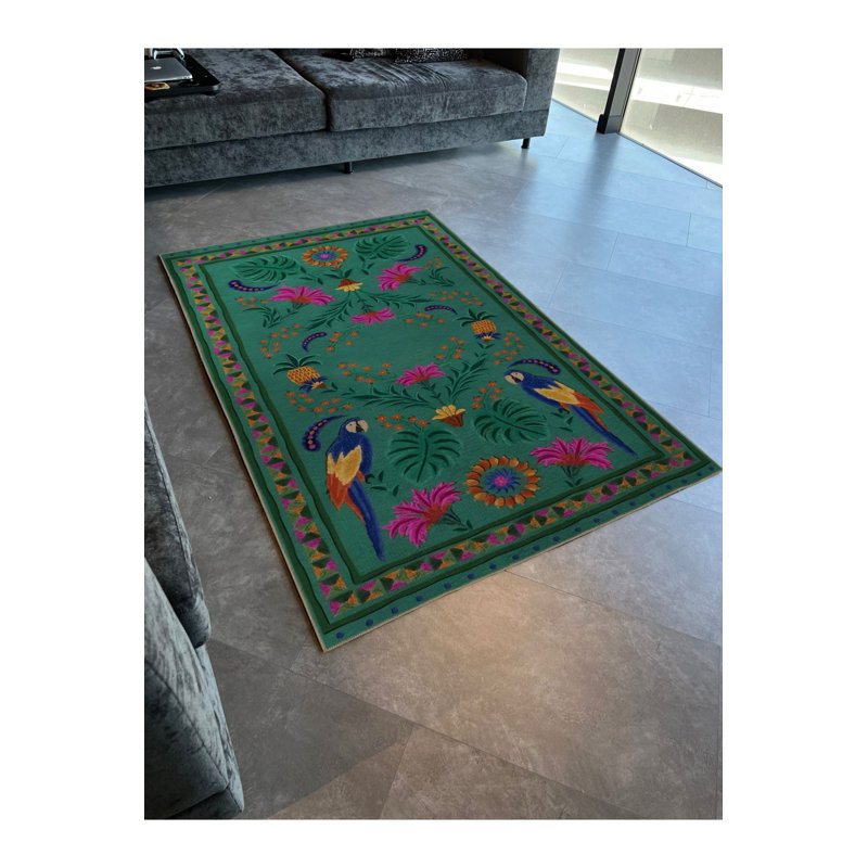 Tapis décoratif moderne vert à motif d'oiseaux et de fleurs, Tapis de couloir 3 pi 3 po x 6 pi 7 po inclus