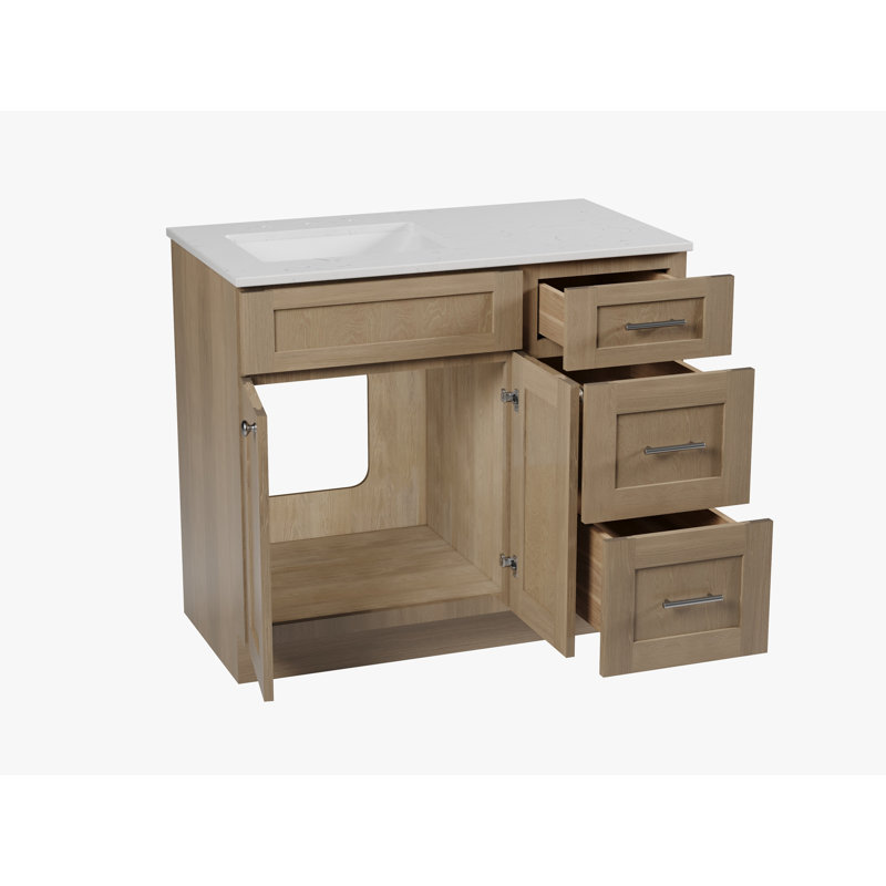 Meuble-lavabo simple 40 po avec plateau en quartz Disar, Gauche, Chêne naturel