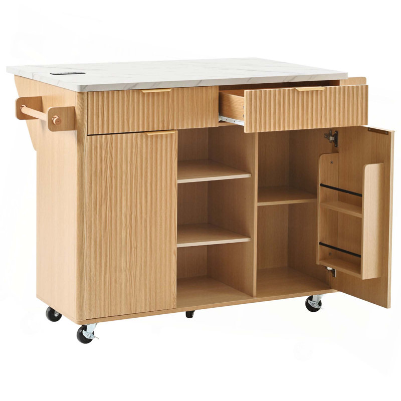 Îlot de cuisine 52 po cannelé avec rallonge, prise de courant, tablettes réglables, 2 portes et 2 tiroirs, Naturel / granit