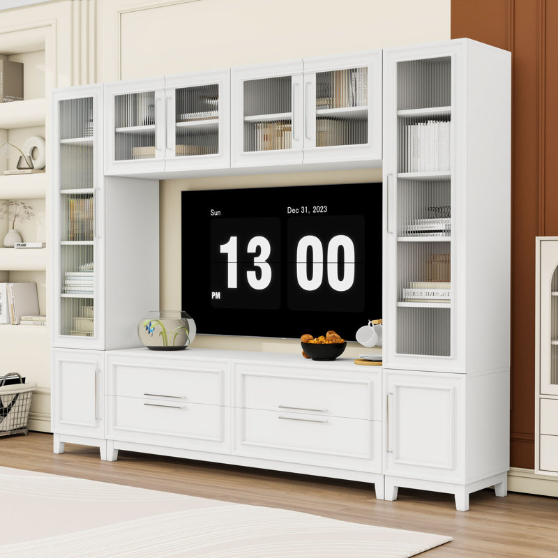 Modern Full-Wall Entertainment Center with Spacious Storage and Fluted Glass Cabinets for TVs Up to 75", White