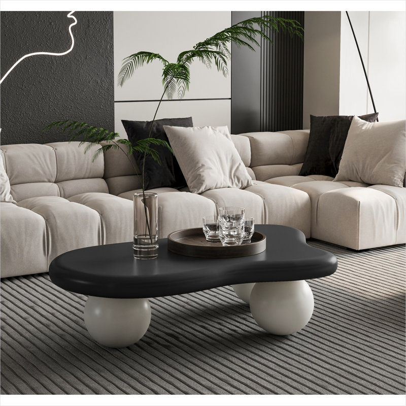Table basse noire en forme de nuage avec pieds à billes en panneau de fibres à densité moyenne blanc, centre de table de salon de forme libre de 40 pouces