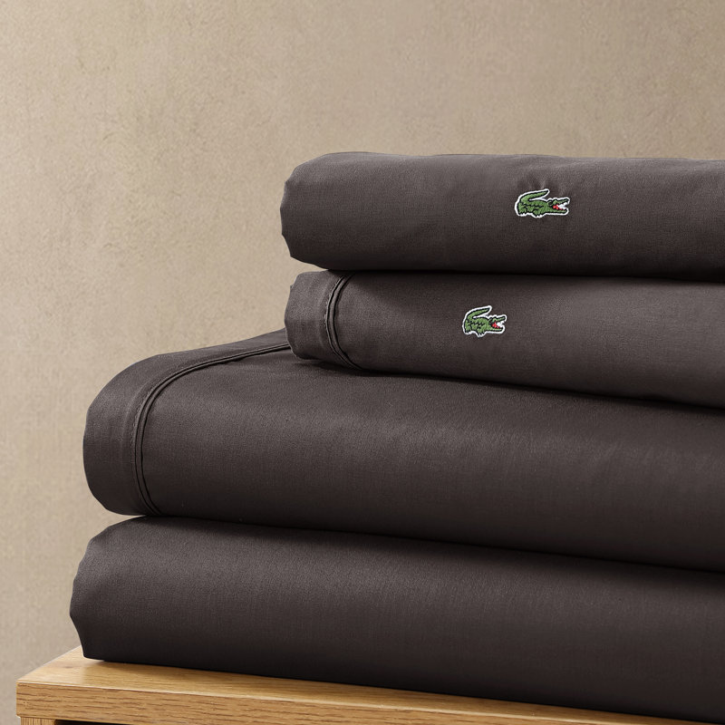 Lacoste Cotton Percale Sheet Set, Cooling & Breathable Bedding, Deep Pocket Fitted Sheet, Dark Grey, King, Dark Gray