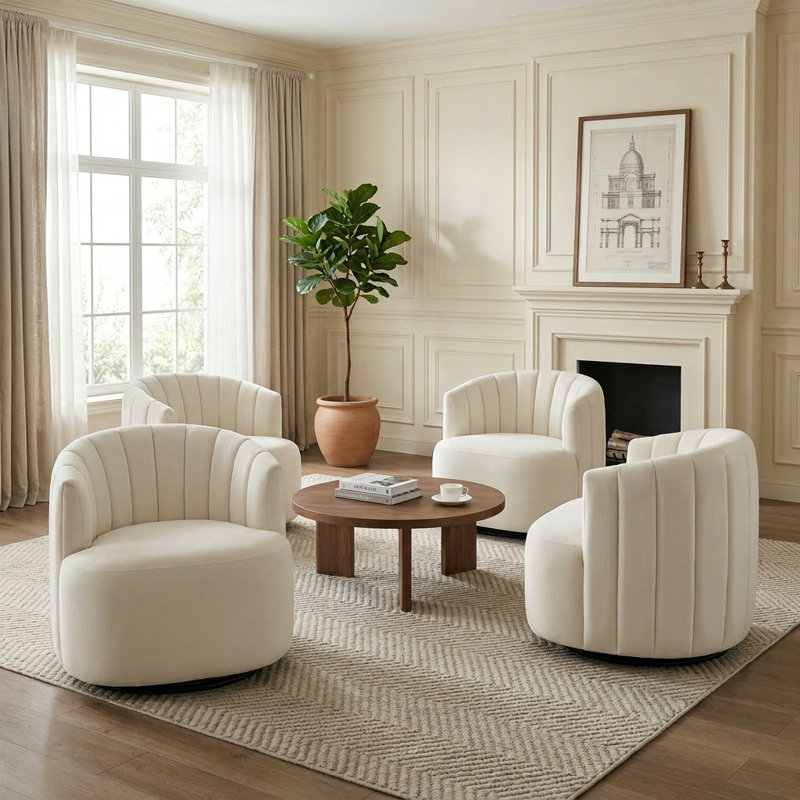 Fauteuil demi-tonneau pivotant en velours Stanford, Beige