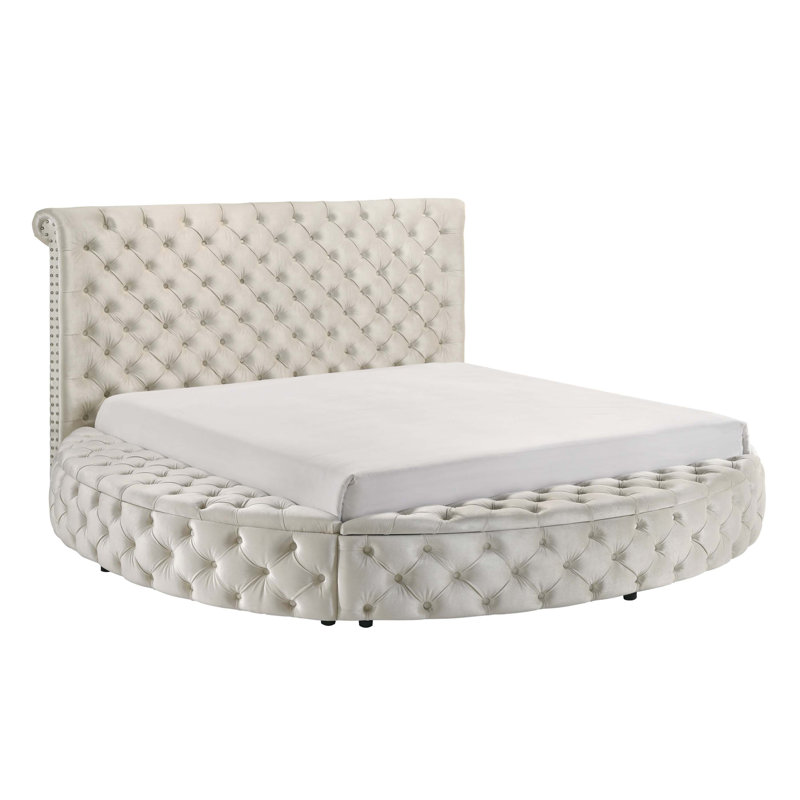 1Pc Unique Round Plush Velvet Button-Tufted Detailing Storage Bed, Ivory, Queen