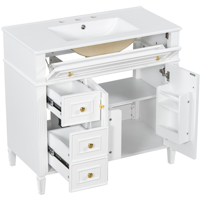 Freestanding Standard Free Standing Single Double Single Vanity Bathroom Vanity With Ceramic Top, 36"
