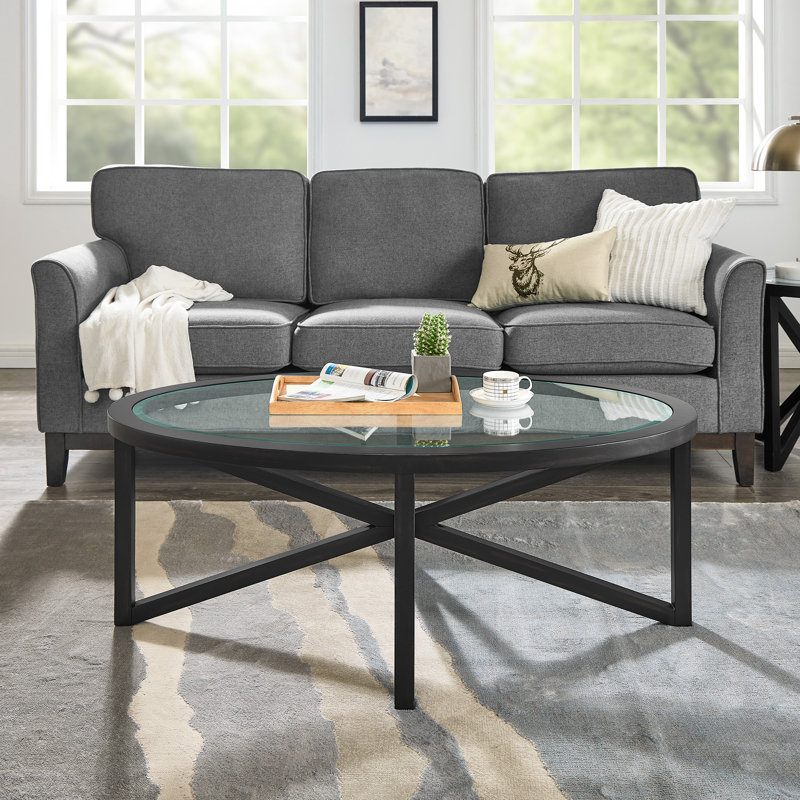 Table basse moderne simple en verre, table basse en verre trempé avec base solide et plateau en verre transparent, Noir