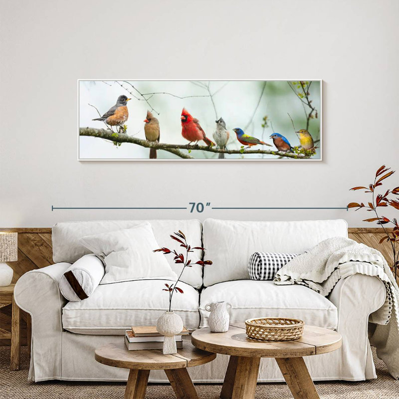 Rassemblement d'oiseaux, Cadre flottant blanc, 57 po x 19 po