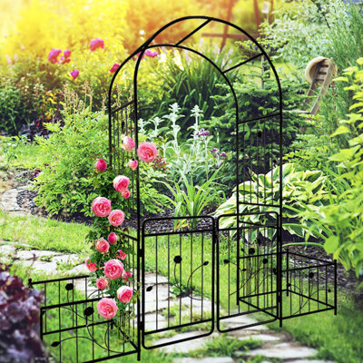 Black Metal Garden Arch With Gate 79.5''X86.6'' - Build A Dream Climbing Plants 79.5'' Wide X 86.6'' High Make Your Outdoor Extraordinary Climbers,