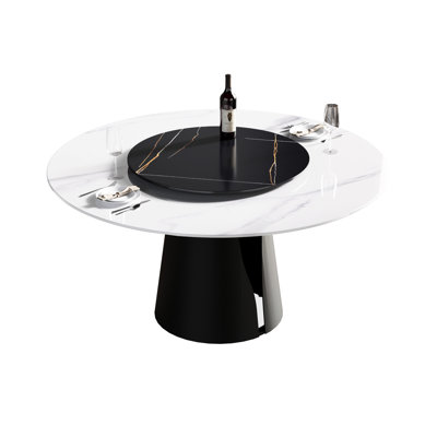 Table de salle à manger 59,71 po en pierre frittée ronde - peut accueillir 6 platines en fer noir de 31,5 po avec plateau tournant en acier au carbone, surface chauffante, résistance aux hautes températures
