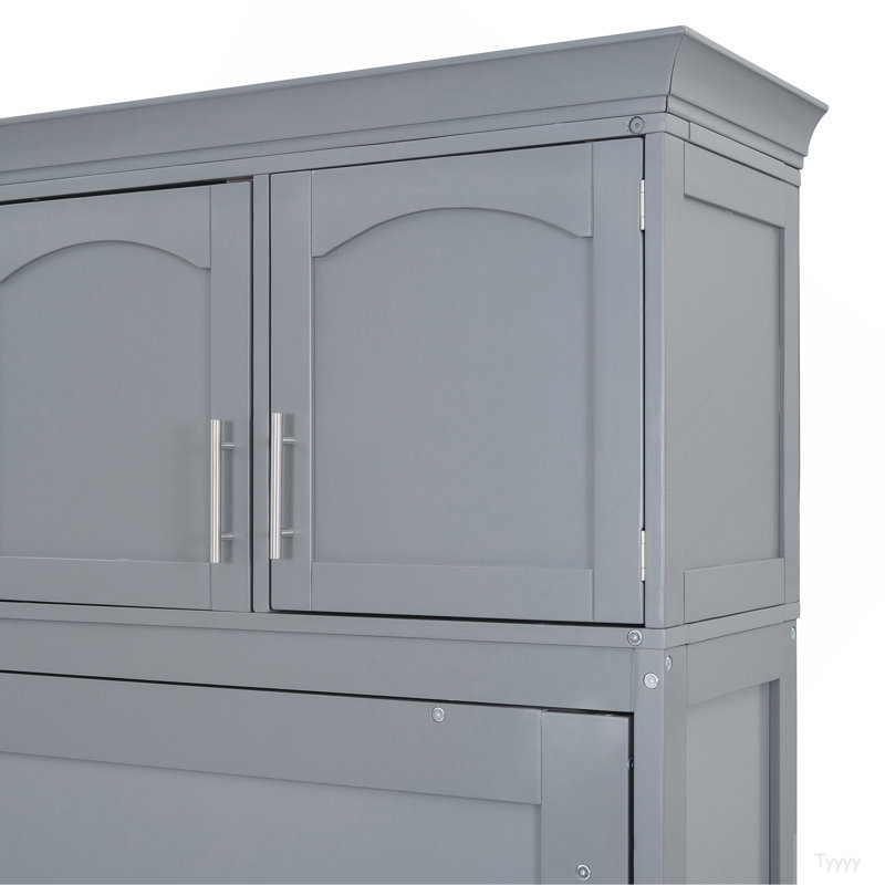 Lit escamotable double pleine grandeur avec armoires supérieures, Gris, Lit double