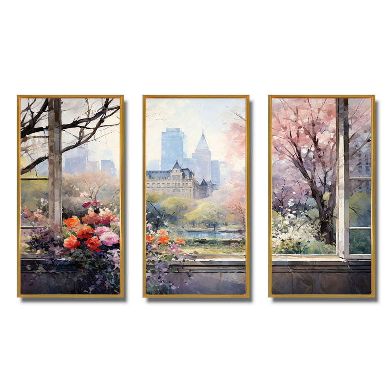 New York, Central Park Window Views II - art mural de New York, Cadre flottant doré, H 40 po x l 61 po