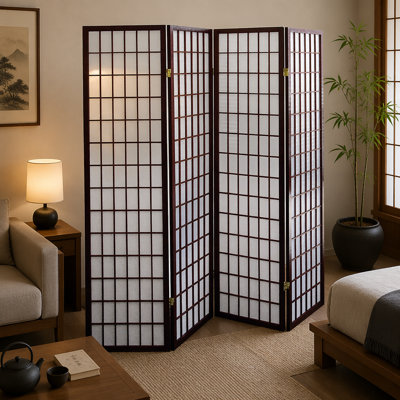 Cloison de 70 pouces de hauteur à 4 panneaux de style japonais avec finition cerisier, parfaite pour l'intimité et la décoration
