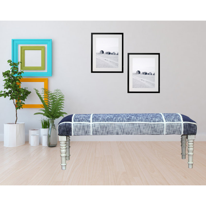 47" Textural White Leg Upholstered Bench, Navy Blue, White