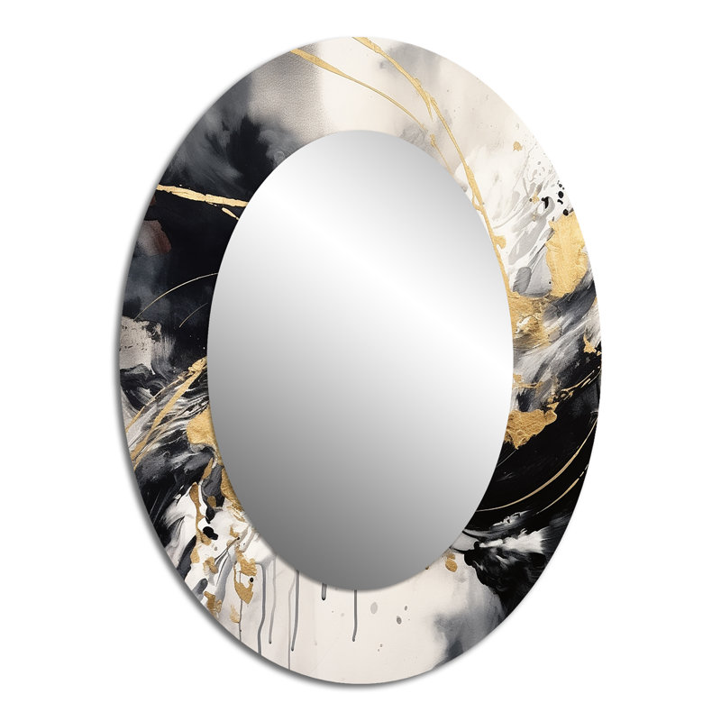 Exploration des profondeurs du marbre doré II - Miroir décoratif abstrait ovale sur métal, 40 po x 30 po