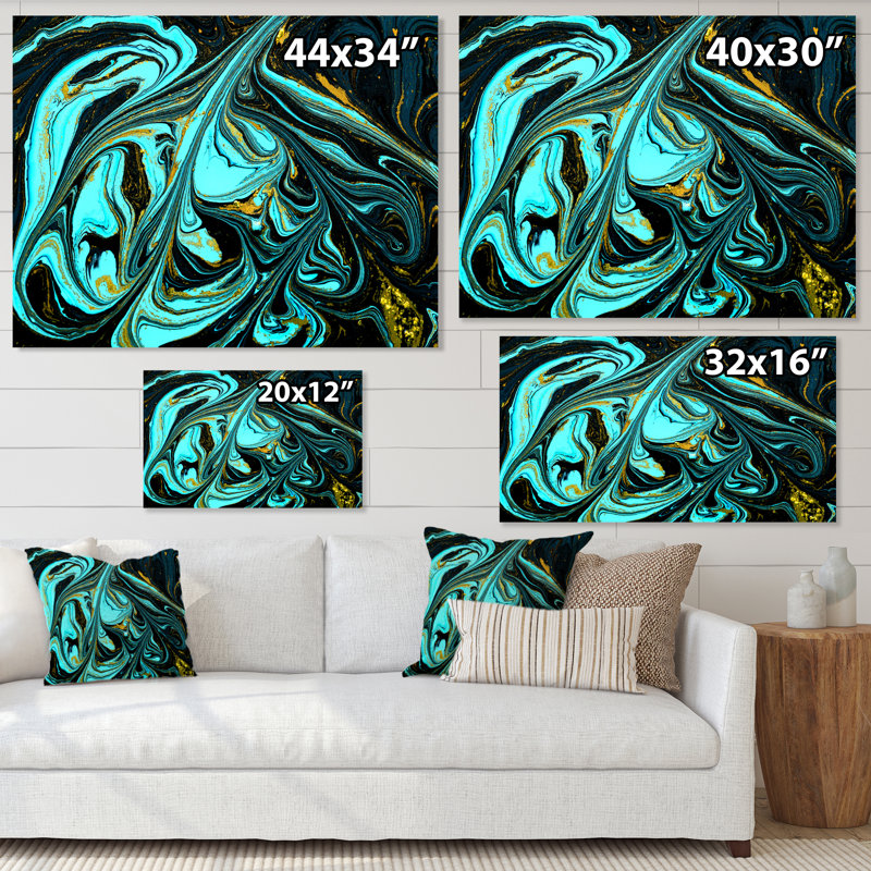Art abstrait marbré turquoise abstrait - décoration murale moderne en toile, H 24 po x l 36 po x P 1 po, Toile tendue