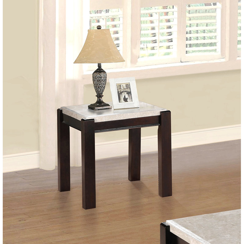 Table de bout en marbre véritable avec table en bois de cerisier foncé