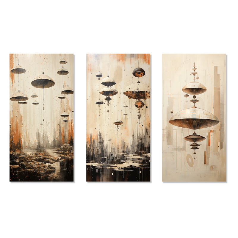 Minimalisme Ufos - Ensemble de 3 impressions sur toile Ufos, H 28 po x l 36 po, Toile tendue