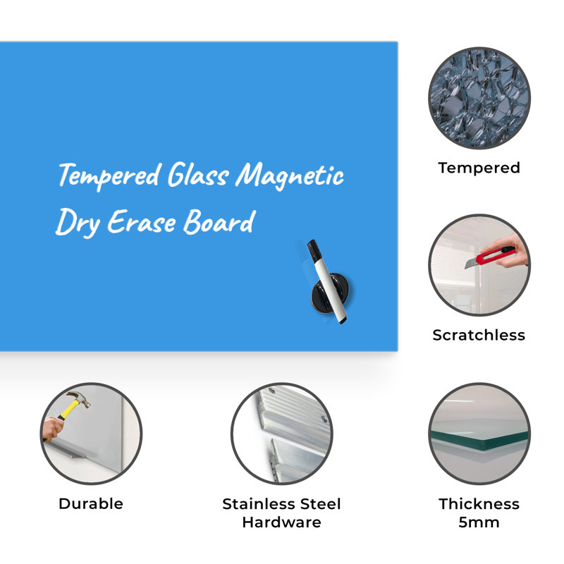 Panneau de verre magnétique mural, 16 po x 16 po, Bleu clair