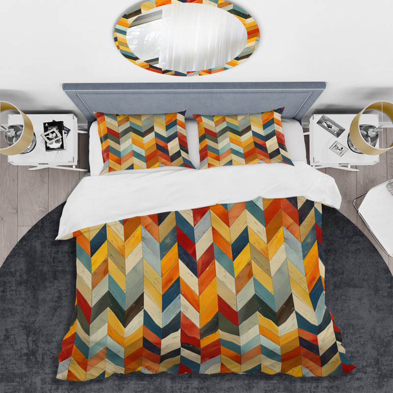 Ensemble de housse de couette à chevrons orange et vert, Housse de couette pour grand lit + 2 taies décora