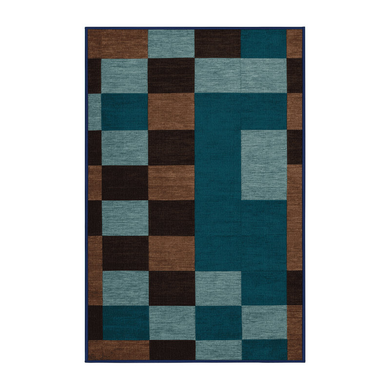 Tapis bleu à carreaux lavable à la machine, Rectangle 6 pi x 9 pi