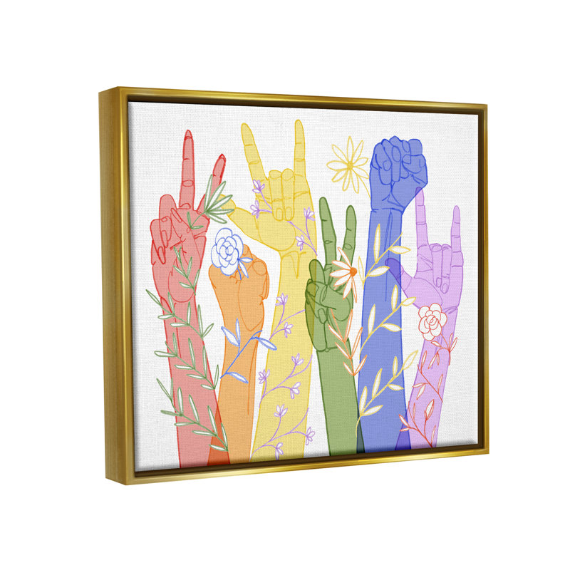 "Rainbow Peace Love Caring Hand Signs", art mural sur toile par Grace Popp, H 25 po x l 31 po x P 1,7 po