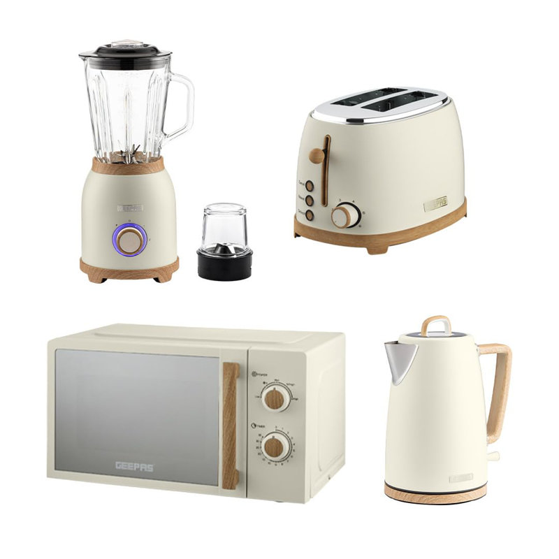 GEEPAS NordiQ 1.7L Electric Kettle, Toaster, 2-in-1 1.5L Jug Blender & 20L Microwave Oven 700W Kitchen Combo Set | Matte Finish with Wood Accents