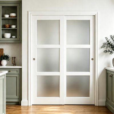 Sliding Door with Frame Kit White 3 Lite Frosted Glass Modern Interior Sliding Door for Closet, Pantry and Laundry Room