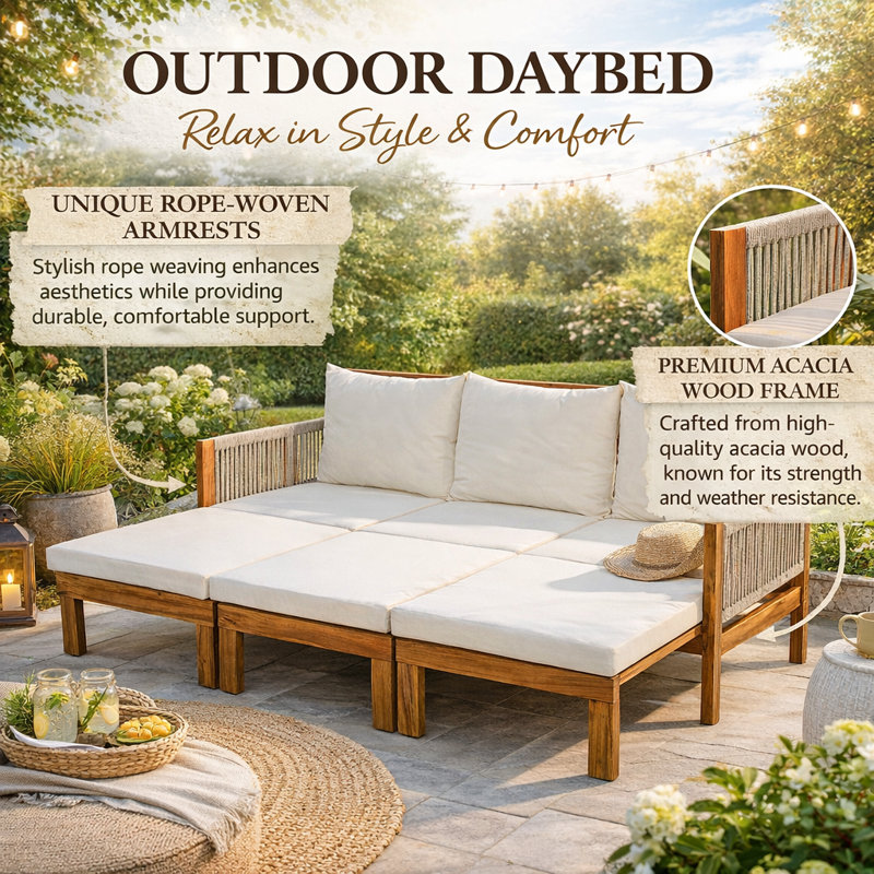 73.2" Wide Straight Acacia Wood Patio Daybed With Cushions, Beige
