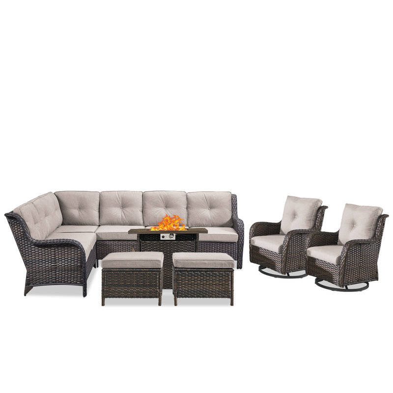 Ensemble de conversation pour patio pour 7 personnes Carolina Wicker avec coussins et foyer, Beige, Brun