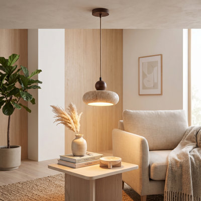 Travertine & Wood LED Mini Pendant Light