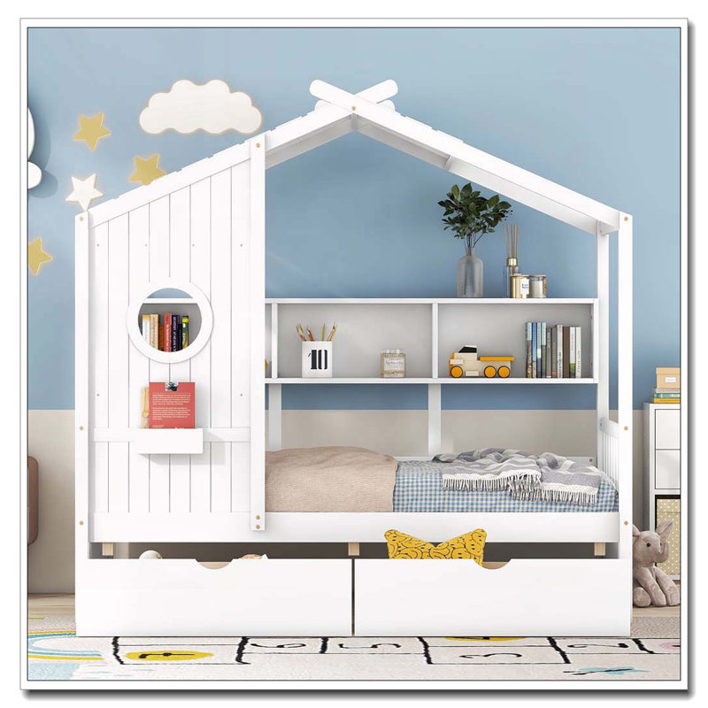 Lit simple en bois avec 2 tiroirs, Blanc