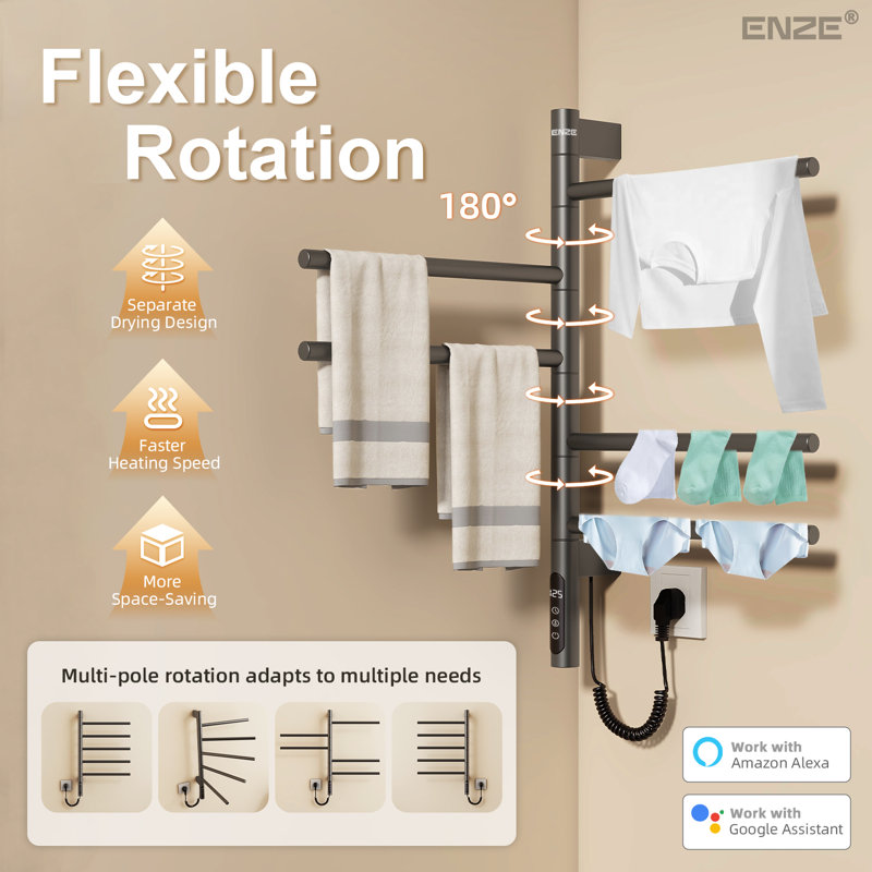 Porte-serviettes chauffant rotatif ENZE pour salle de bain, chauffe-serviettes électrique mural 5 barres 85W avec barres pivotantes, contrôle d'application Wi-Fi, minuterie 24H, acier inoxydable, IPX5, câblé / à brancher, gris