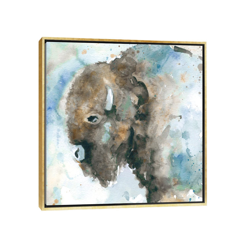 «Buffalo on Blue» par Carol Robinson - reproduction d'art, H 18 po x l 18 po x 1,5 po, Toile encadrée d'or