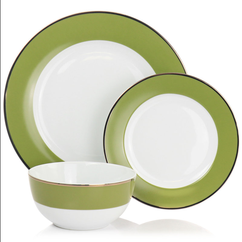 Green and Gold Rimmed 12-Piece Ceramic Dinnerware Set