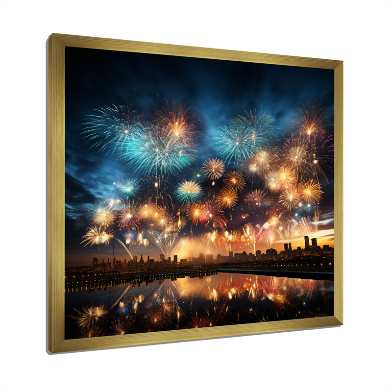 Feux d'artifice bleu et jaune - art mural, Cadre doré simple, H 16 po x l 16 po x P 1 po