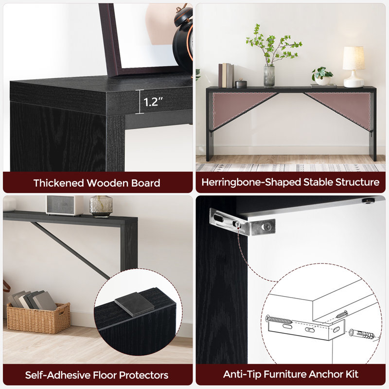 Ademara Extra Long Farmhouse Console Table For Entryway，Narrow Console Table Hallway , 31.5" H x 62.2" W x 9.1" D, Black
