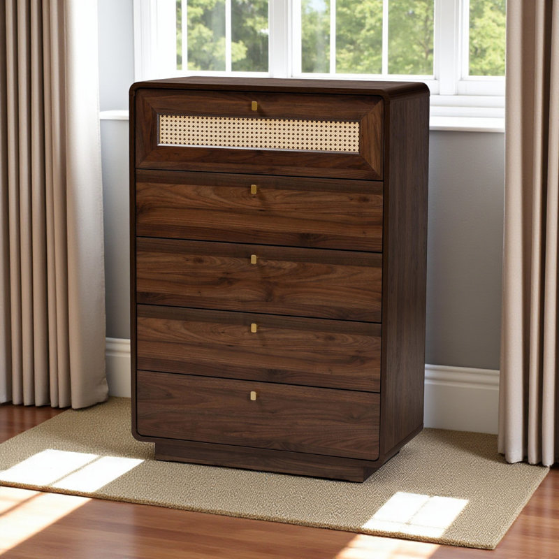 Margot 5-Drawer Classic Brown Wood Chest with Rattan Drawer, 44.54'' H X 31.33'' W X 15.59'' D