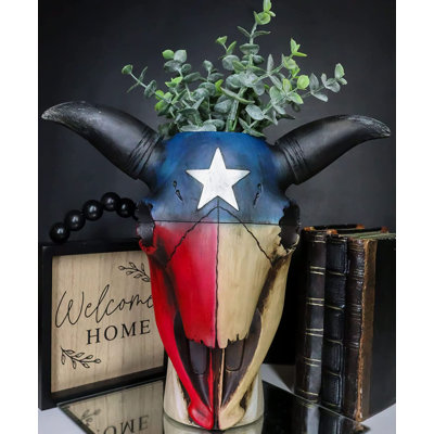 Millwood Pines Western Patriotic USA Texas State Flag avec Lone Star Steer Buffle bœuf crâne de bureau floral vase dans une fleur Figurine Jour commémoratif Animal Spirit Totem Accent