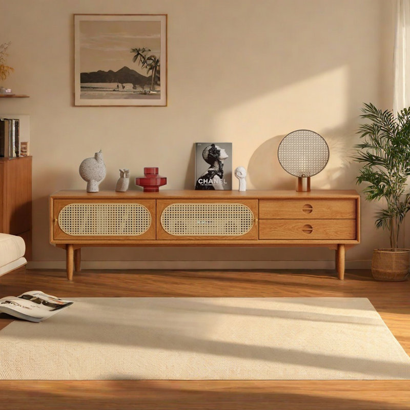 Meuble télé en bois massif et rotin, 70.86"