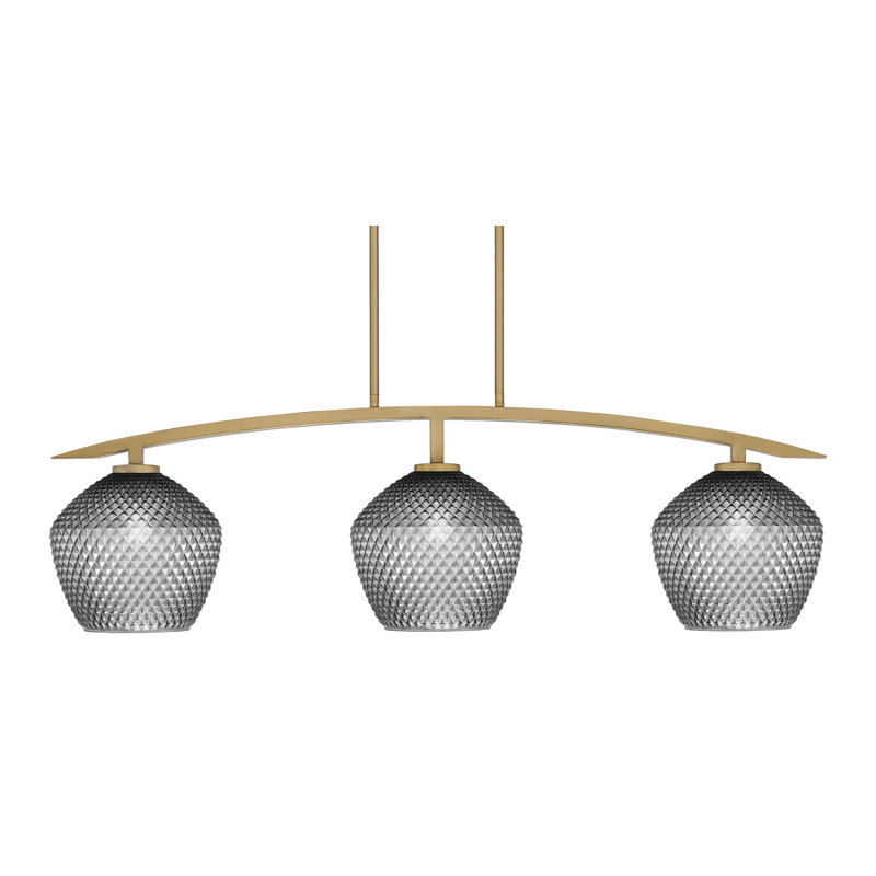 Kurve 3 Light Island Light Shown In New Age Brass Finish With 9" Smoke Textured Glass