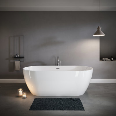 63" Freestanding Solid Surface Bathtub With Glossy White Appearance, Center Drain, Overflow And Pop - Up Ergonomic Design For Comfort, High Density Stone Resin Soaking Bathtub, Material, With Ideal