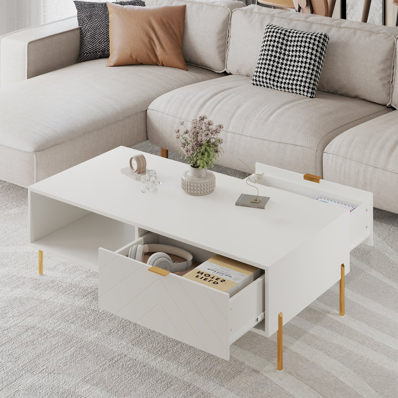 Table basse Mid-Century moderne avec tiroirs doubles, Blanc / Blanc