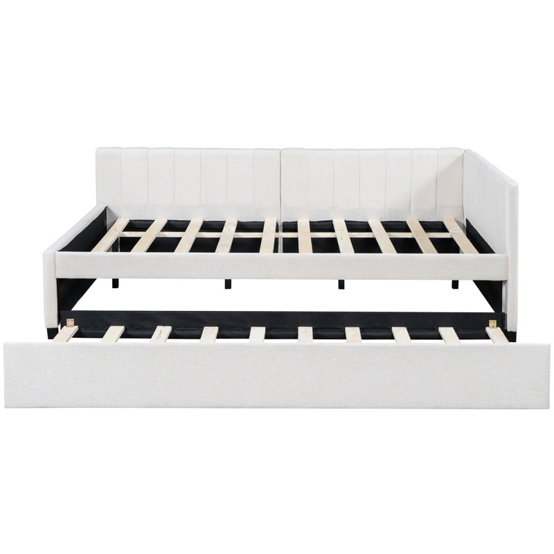 Lit de jour rembourré avec couchette, tissu en lin beige, sans sommier, cadre en bois stable et à long terme, requis, Beige